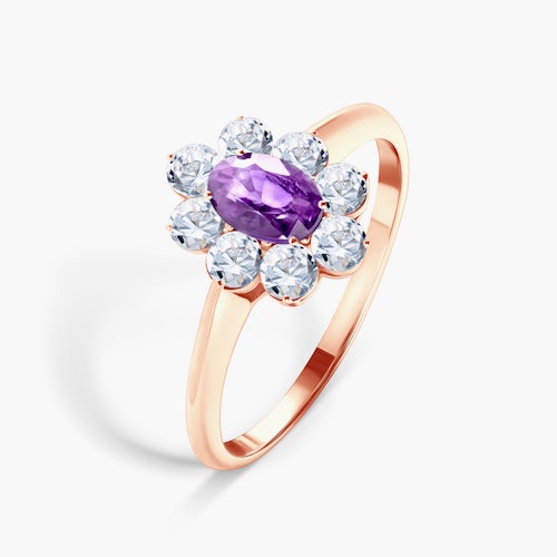 Pierścionek zaręczynowy SAVICKI: różowe złoto, fioletowy szafir, białe szafiry